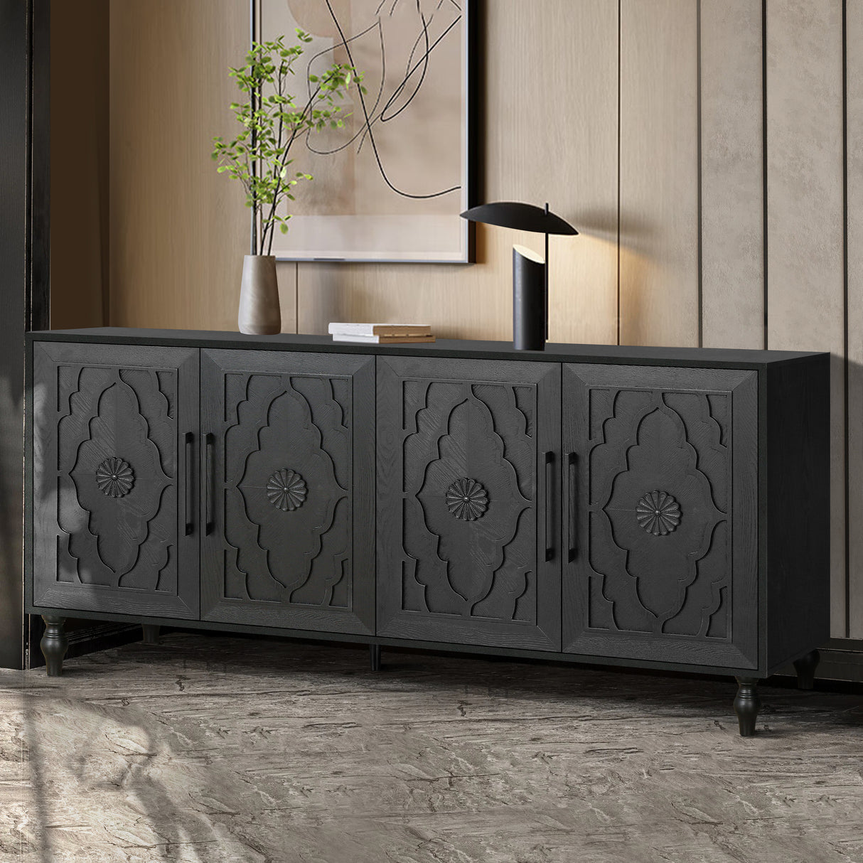 Carved Flower Door Large Storage Cabinet With Metal Handle Suitable For Living Room, Kitchen, Entryway(BLACK) - V.I.P Digital Presence