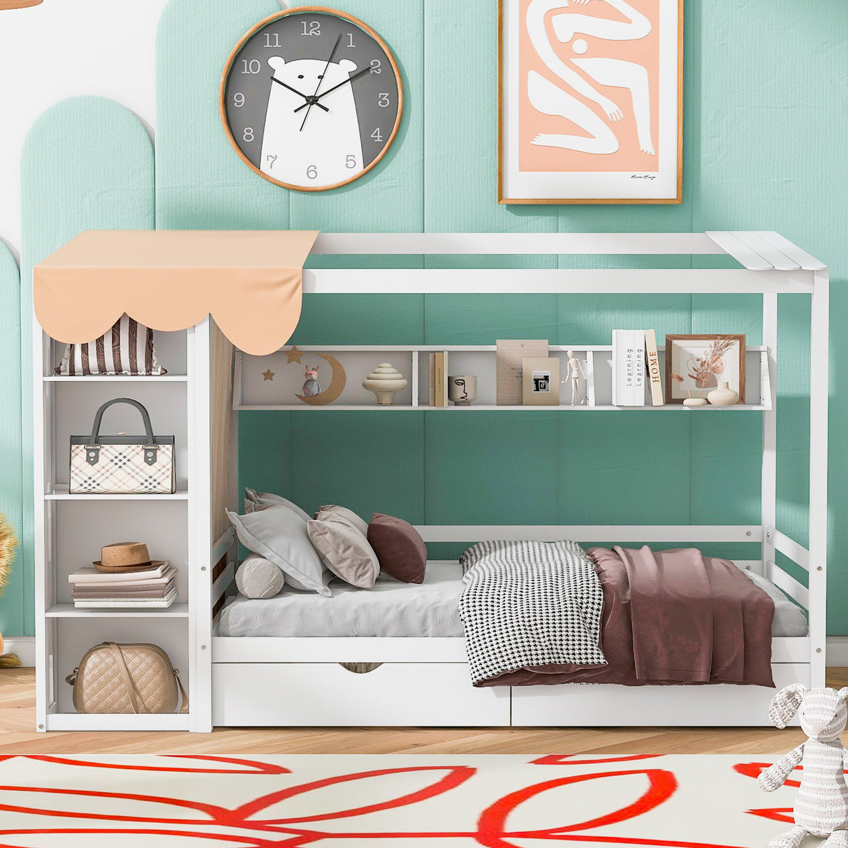 Twin size House Bed with Two Drawers and Wardrobe,White - V.I.P Digital Presence