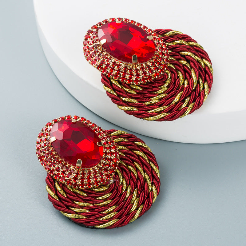 European And American Style Colored Diamond Series Personality Exaggerated Oval Glass Diamond Earrings Handmade Line Braided Earrings - V.I.P Digital Presence