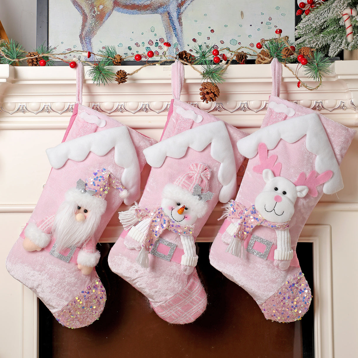 Christmas decoration, pink sequins, children's cartoon roof, Santa Claus, Christmas socks, gifts, decorative items - V.I.P Digital Presence