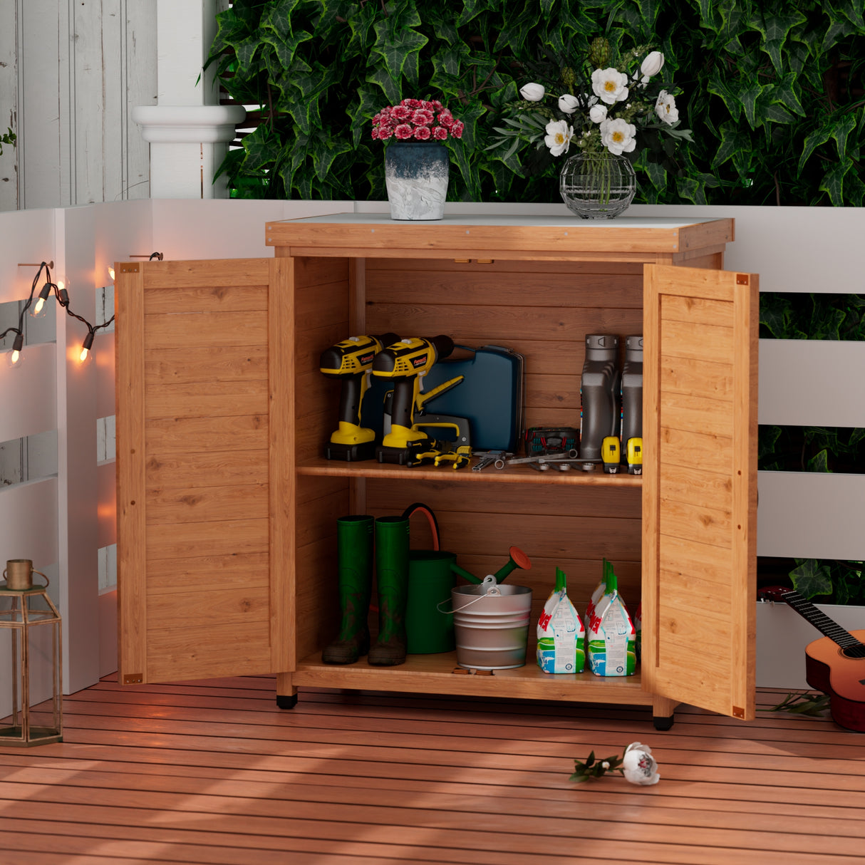 Potting Bench with Storage Cabinet and Metal Table Top for Outdoor Patio,Outdoor Work Station Table - V.I.P Digital Presence
