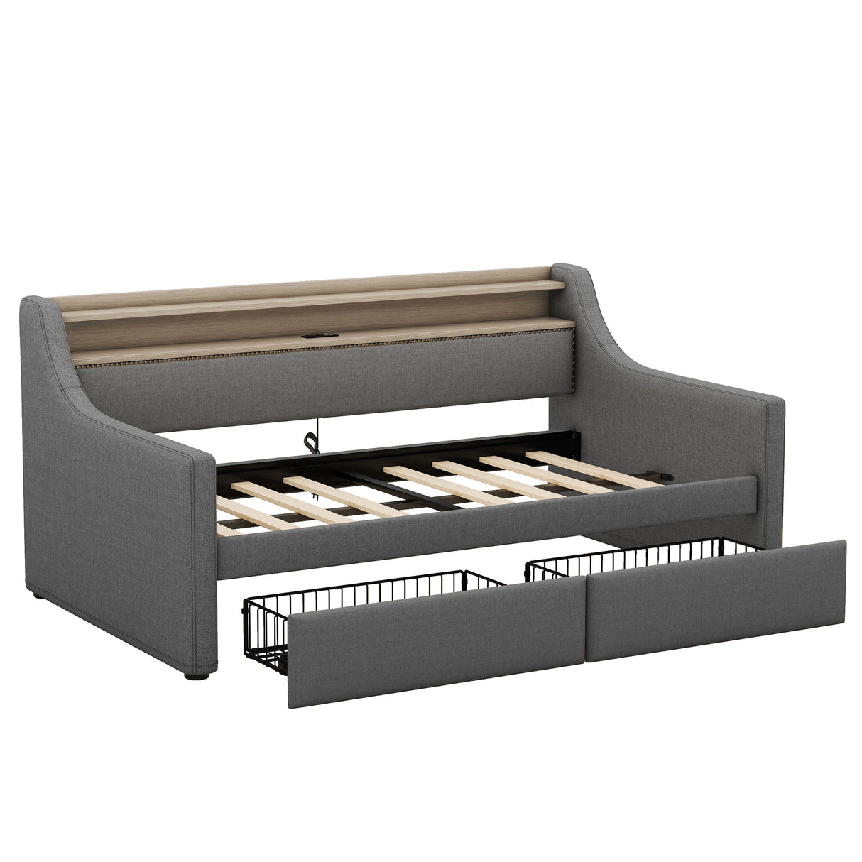 Twin Size Daybed with Storage Drawers, Upholstered Daybed with Charging Station and LED Lights, Gray - V.I.P Digital Presence