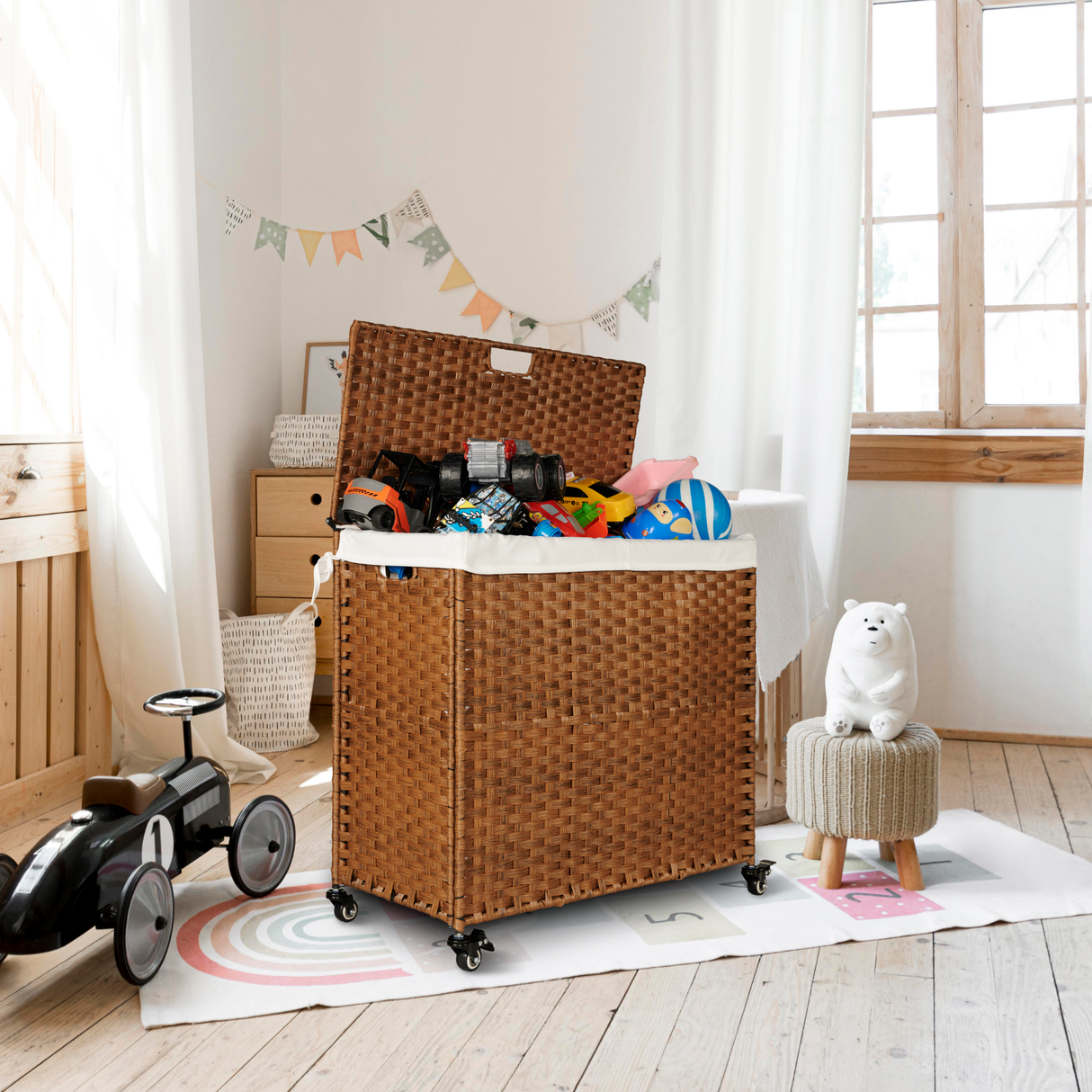 Laundry Hamper With Lid PE Rattan Powder Coating Frame Clothes Hampers with 02 Removable Bags, Wheels, 160L, Brown Color - V.I.P Digital Presence