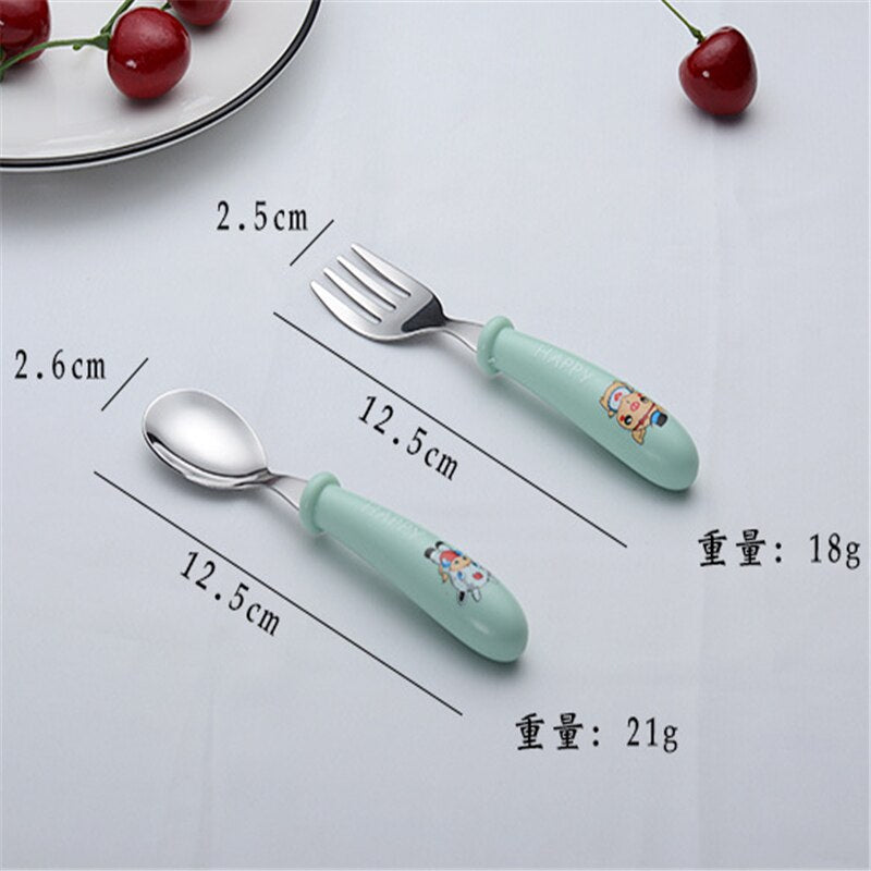 Juego de vajilla para bebés, utensilios para niños, vajilla de acero inoxidable para niños pequeños, cubiertos con dibujos animados, cuchara y tenedor para alimentar a bebés.