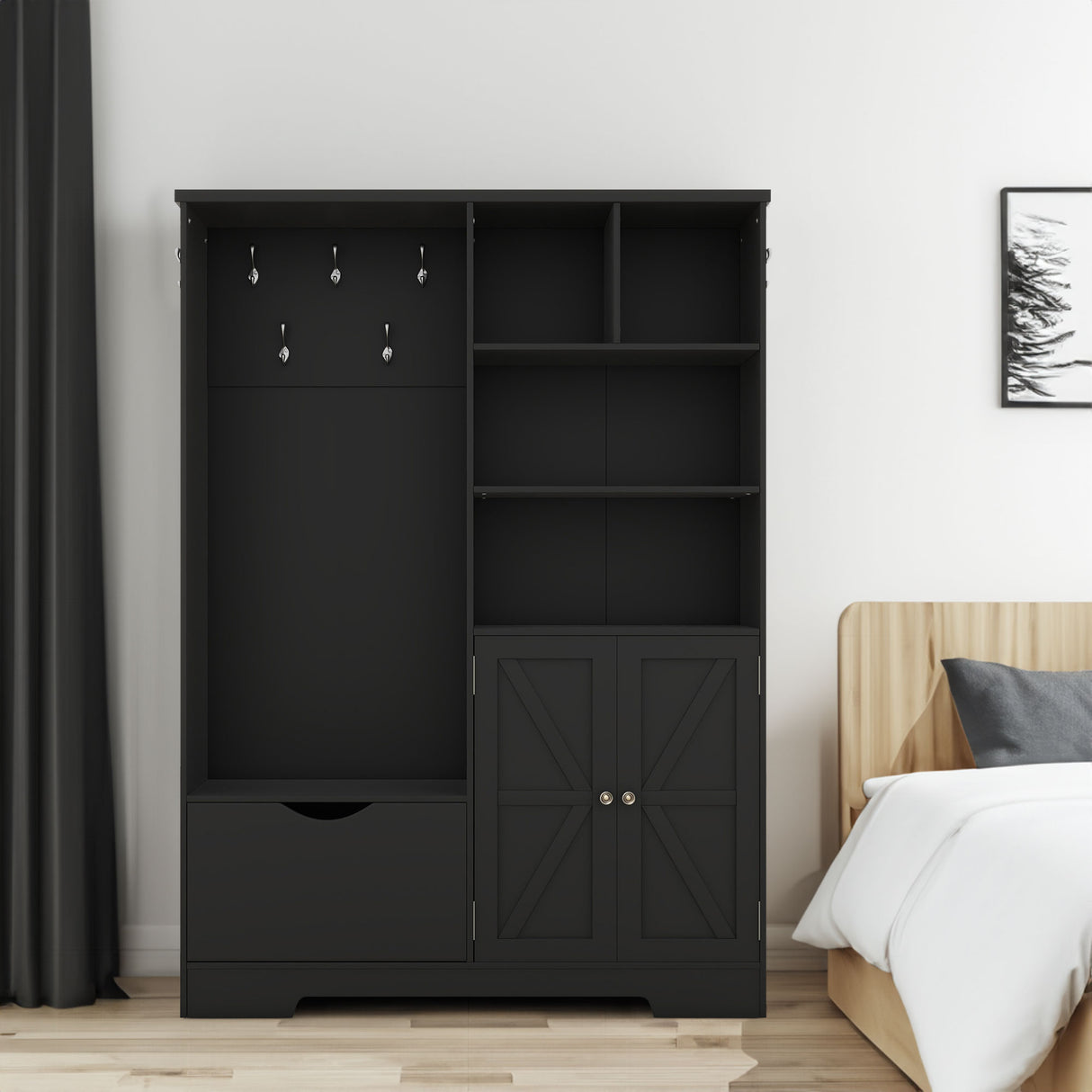 Multi-functional Hall Tree with Storage Shelves Drawers and Cabinet, Elegant Hallway Shoe Cabinet with Bench Modern Black - V.I.P Digital Presence
