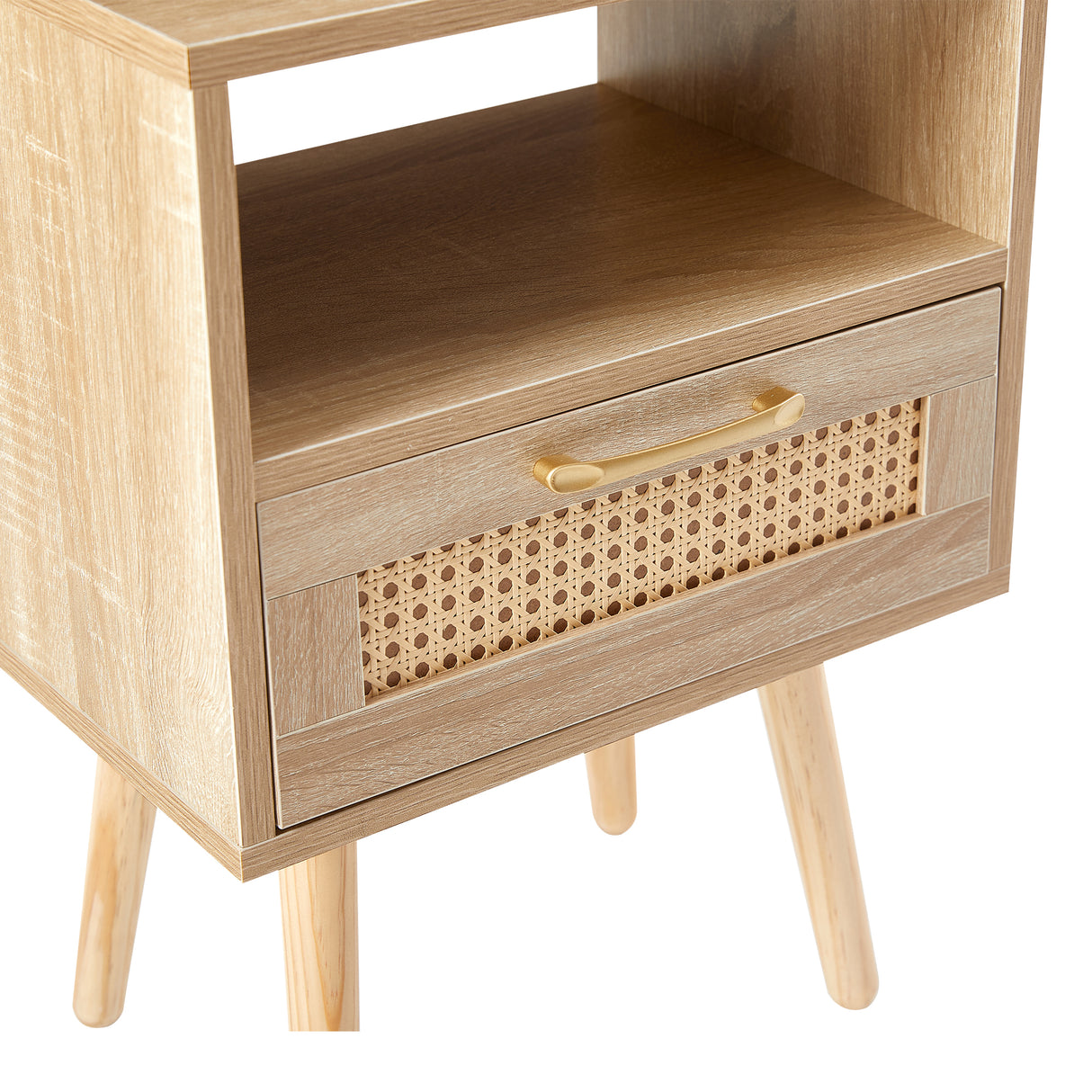 15.75" Rattan End table with Power Outlet & USB Ports Modern nightstand with drawer and solid wood legs - V.I.P Digital Presence