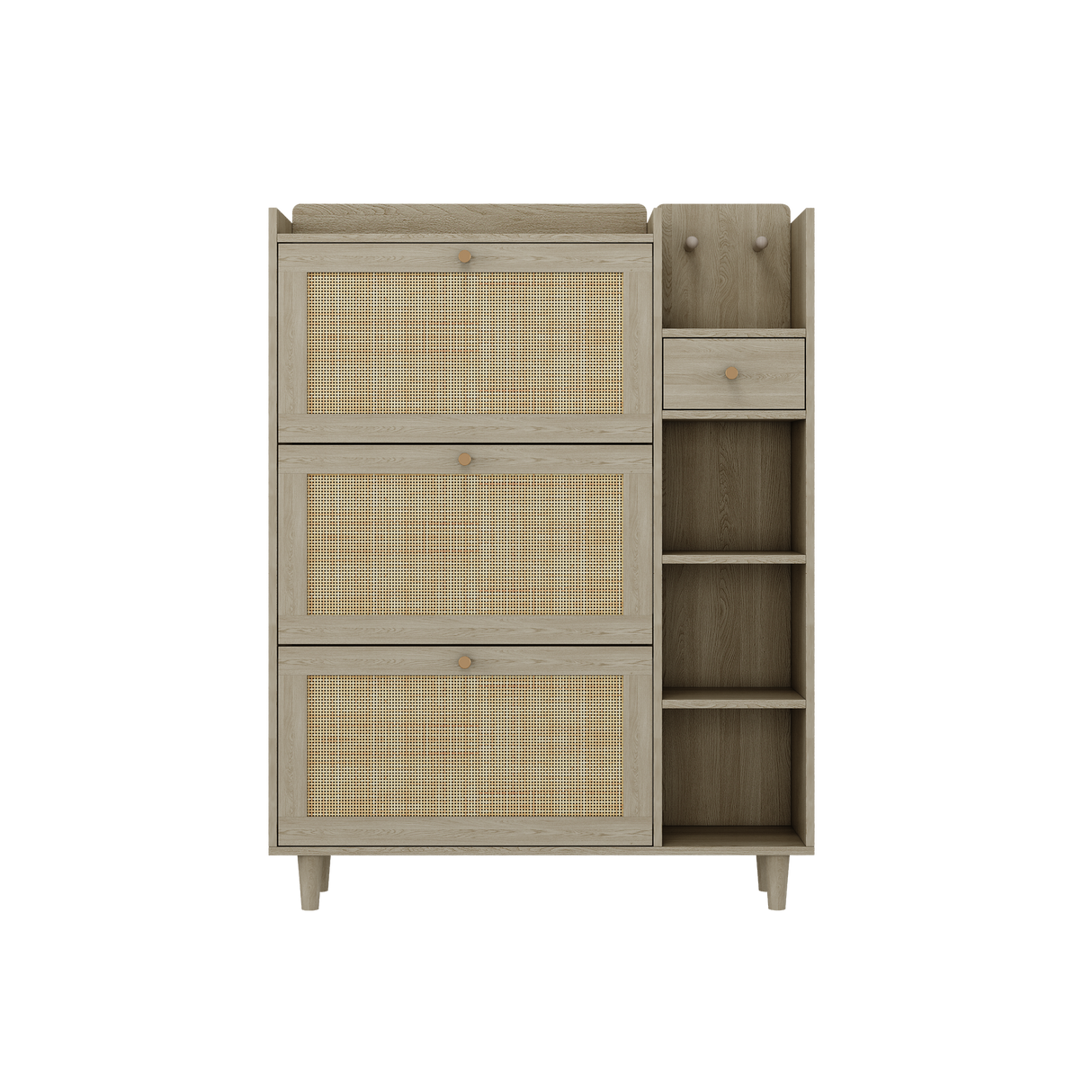 Natural Bohemian style shoe cabinet with 3 rattan flip drawers, 3 square shelves, and 1 storage drawer, Natural - V.I.P Digital Presence