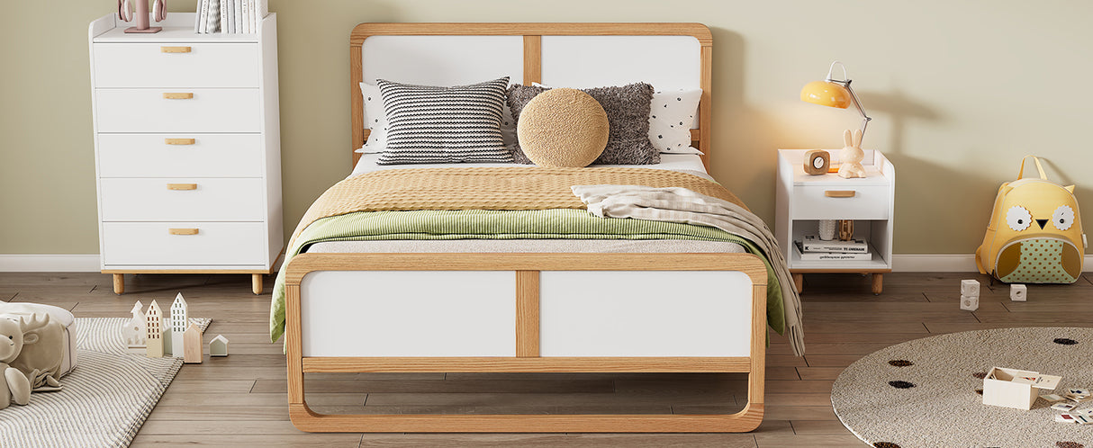 Modern Style Queen Size Solid Wood Platform Bed for Kids, Teens, Adults, No Need Box Spring, Walnut and White - V.I.P Digital Presence