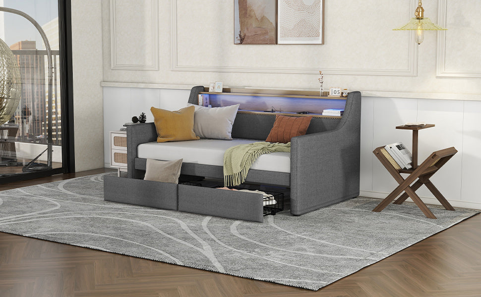 Twin Size Daybed with Storage Drawers, Upholstered Daybed with Charging Station and LED Lights, Gray - V.I.P Digital Presence