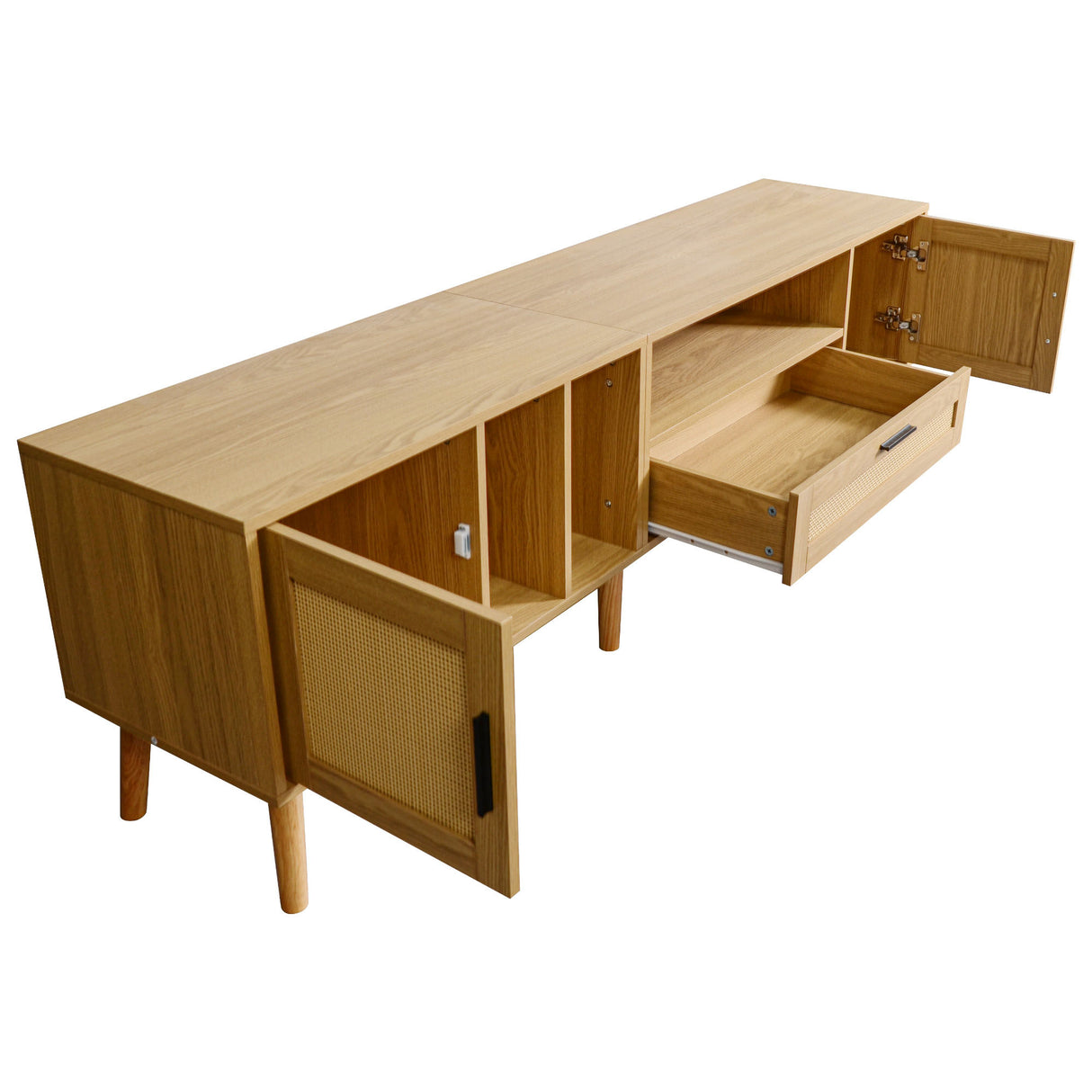 Vine TV stand with 2 cabinets and 2 open shelves, suitable for TVs under 80 inches, with solid wood legs for TV cabinets - V.I.P Digital Presence