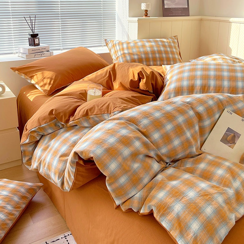 Juego de ropa de cama de algodón lavado teñido de algodón puro de clase A, sábana plana, funda de edredón, sábana ajustable, funda de edredón, juego de tres piezas a rayas