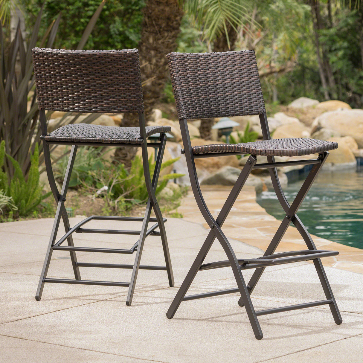 Outdoor Wicker Barstools Faux Rattan Patio Bar Stool Foldable Chair, 2-Pcs Set, Multibrown - V.I.P Digital Presence