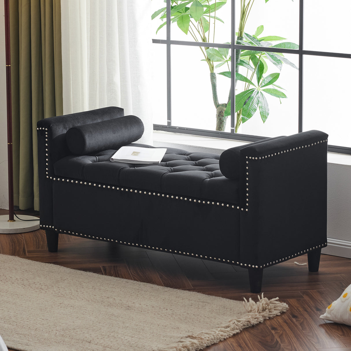 Storage Bench, 44.5-Inch Queen Velvet Button Bedside Bench, Entryway Living Room with Armrests, Nailhead Trim Black - V.I.P Digital Presence
