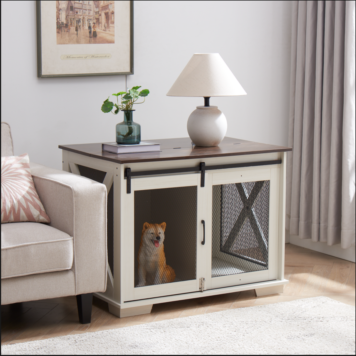 Farm kennel Flat noodles furniture with sliding barn door, farm wooden kennel end table, dog house with removable partition - V.I.P Digital Presence