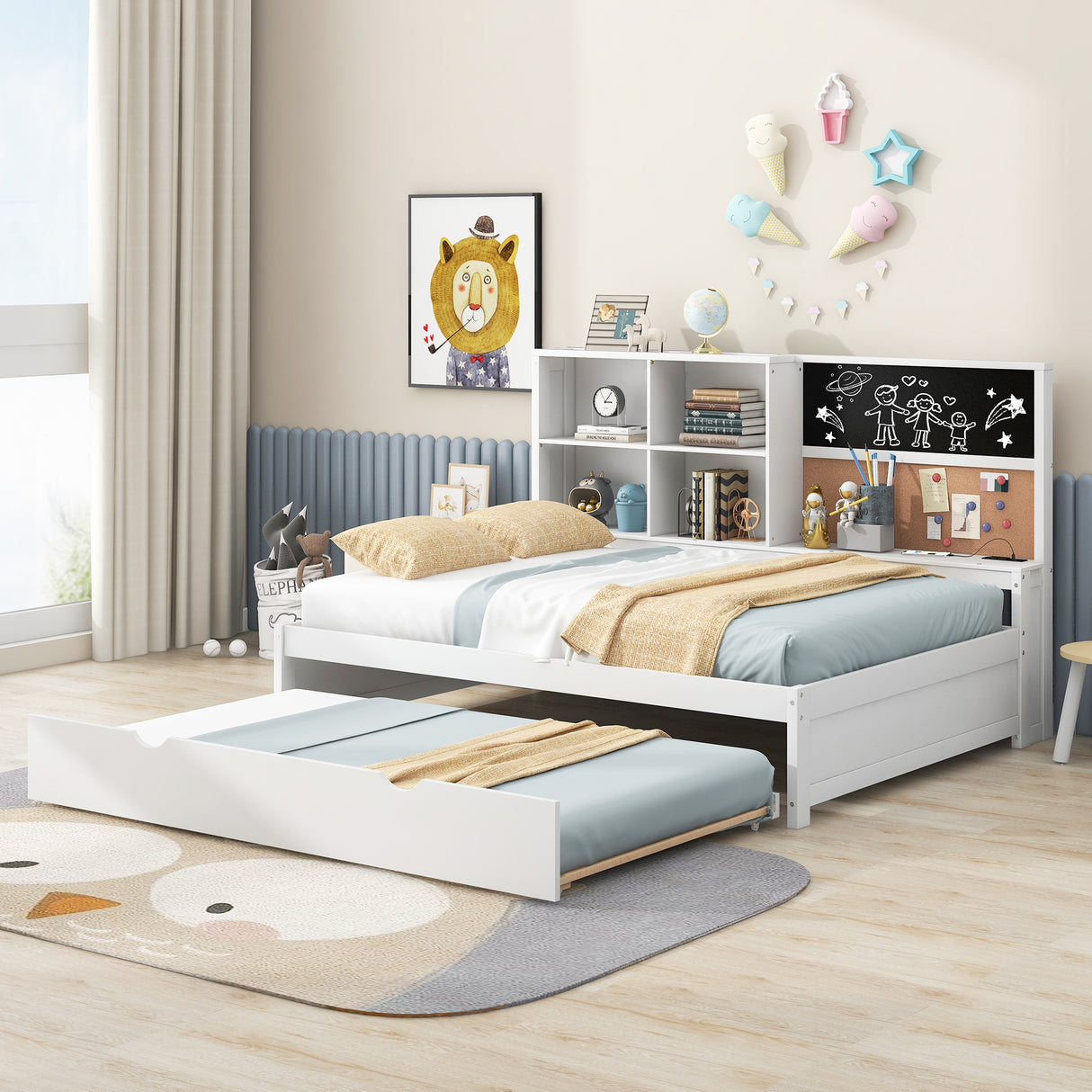 Full Size Daybed with Storage Shelves, Blackboard, Cork board, USB Ports and Twin Size Trundle White