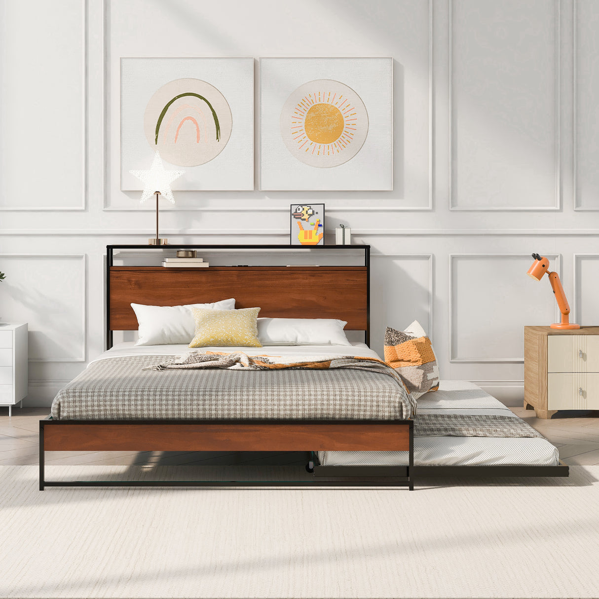 Queen Size Metal Platform Bed Frame with Trundle, USB Ports and Slat Support ,No Box Spring Needed Black - V.I.P Digital Presence