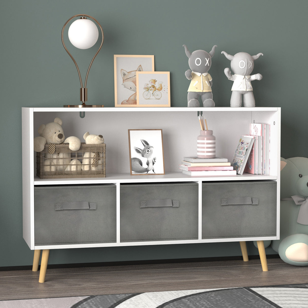 Kids bookcase with Collapsible Fabric Drawers Children's Book Display Toy Storage Cabinet Organizer White/Gray - V.I.P Digital Presence