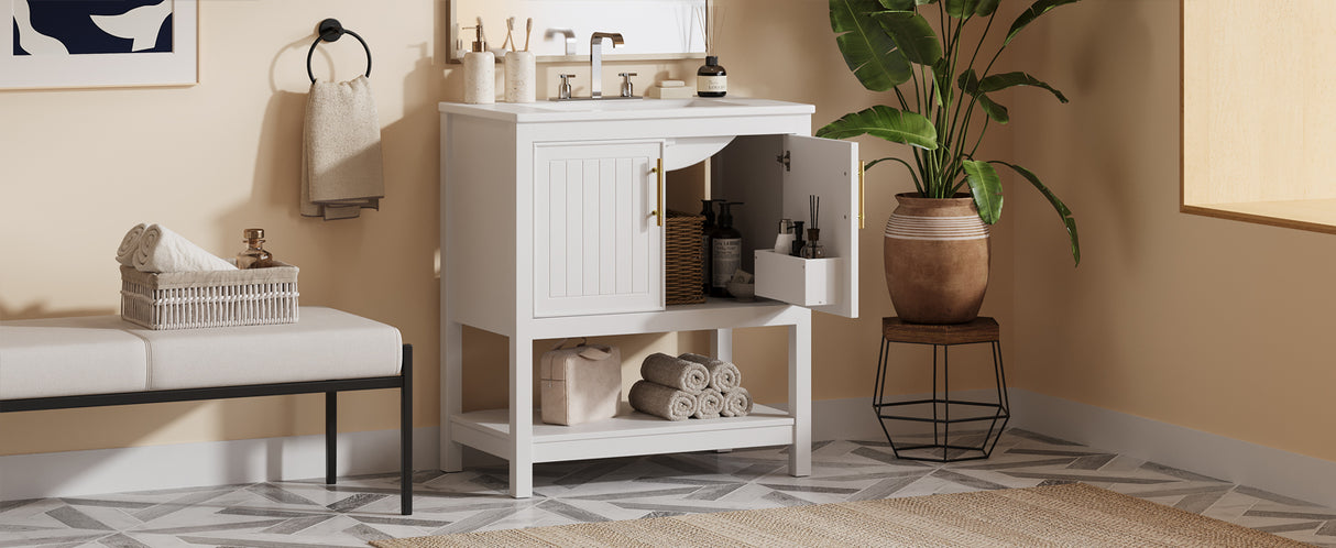30-Inch White Bathroom Vanity with Ceramic Sink and Versatile Storage - Ideal for Small Bathrooms - V.I.P Digital Presence