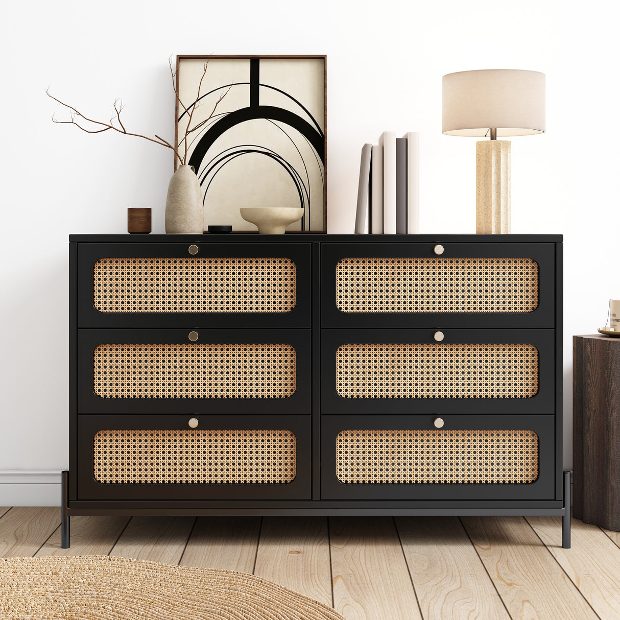 Modern hemp vine wood closet with 6 drawers, dressing table, wooden storage cabinet side panel, black - V.I.P Digital Presence