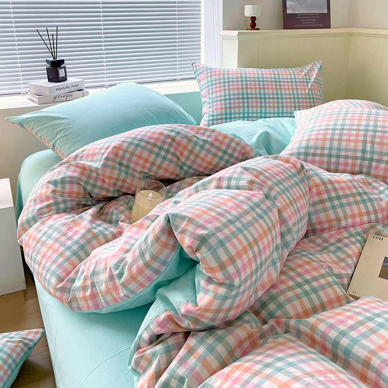 Juego de ropa de cama de algodón lavado teñido de algodón puro de clase A, sábana plana, funda de edredón, sábana ajustable, funda de edredón, juego de tres piezas a rayas