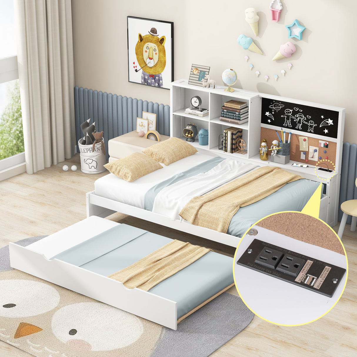 Full Size Daybed with Storage Shelves, Blackboard, Cork board, USB Ports and Twin Size Trundle White