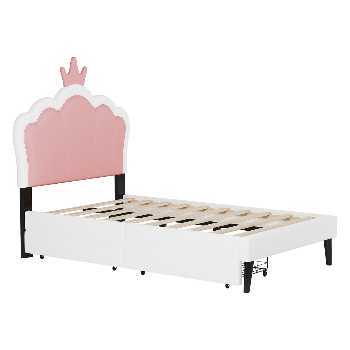 Twin cushion princess bed with crown headboard and 2 drawers with headboard and footrest, pink+white - V.I.P Digital Presence