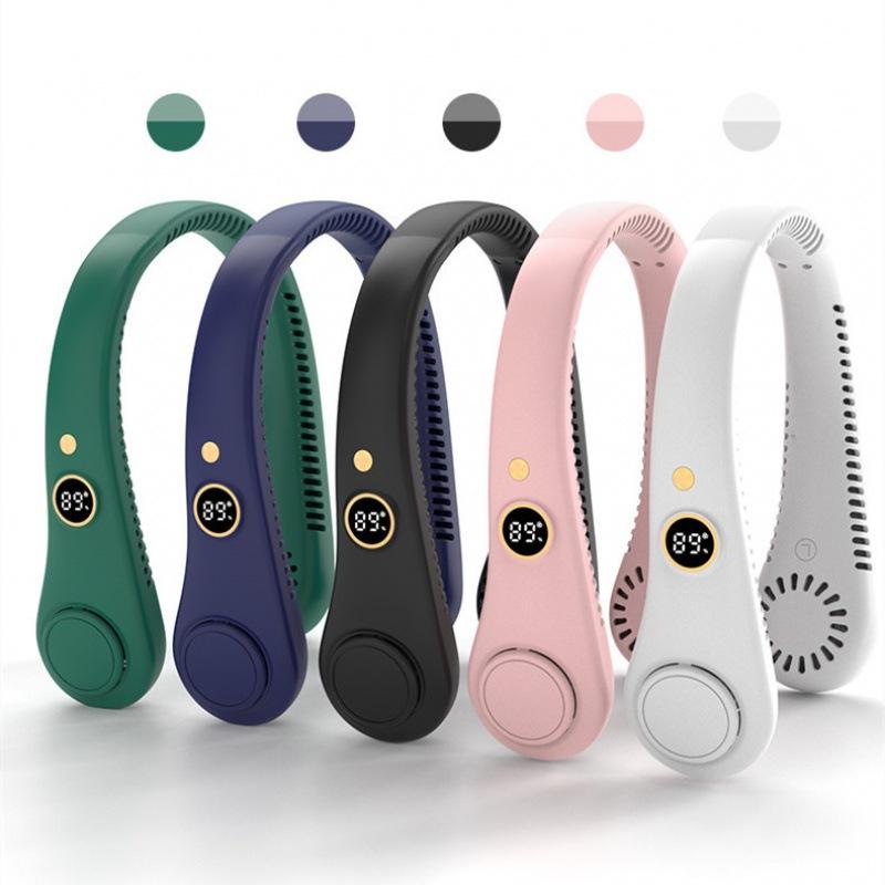 Ventilador de cuello recargable sin aspas, portátil, para exteriores, colgante, 5 velocidades, ajustable, caja de plástico, manos libres