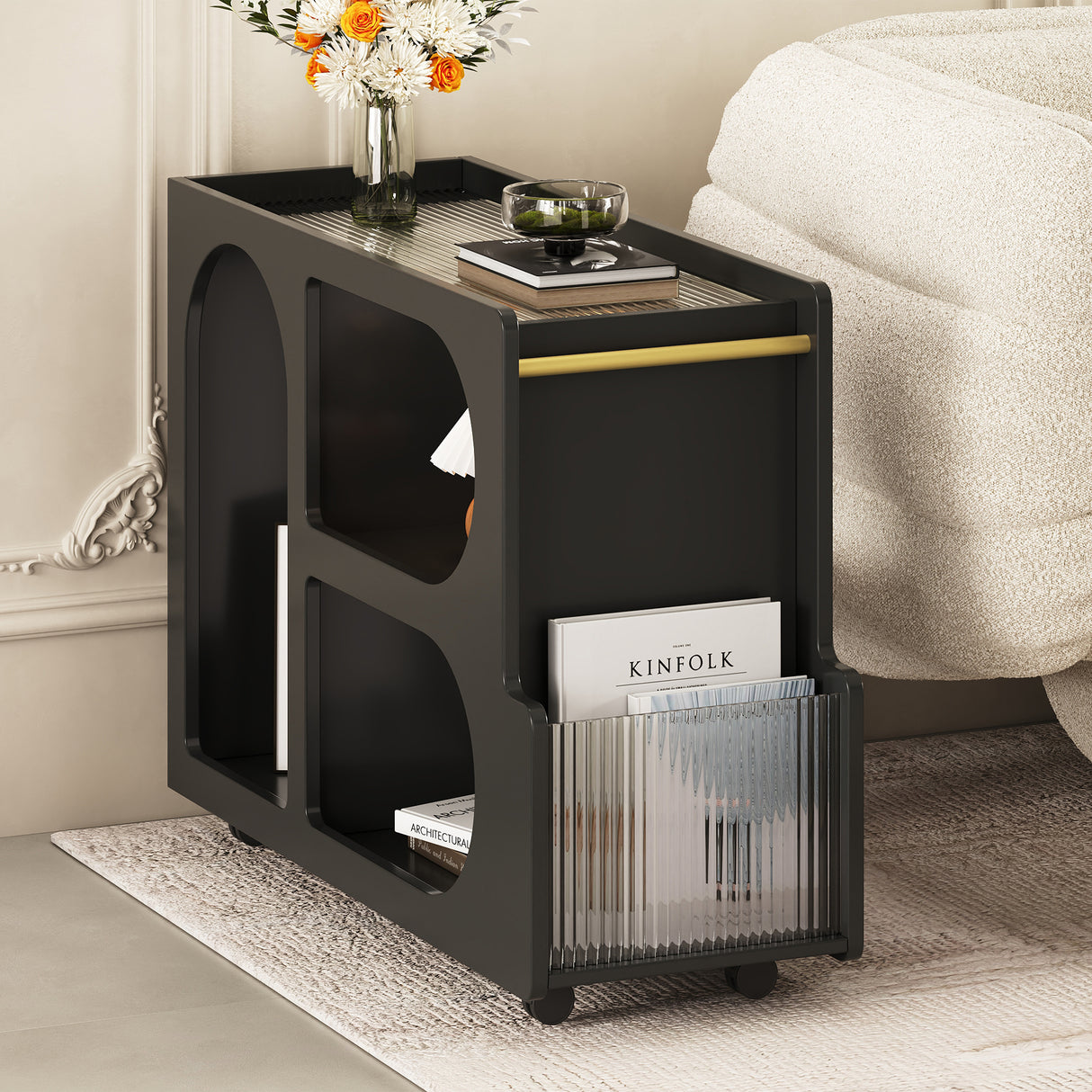 Stylish mobile desk with lockable wheels,bedside table with 5mm thick grooved tempered glass and gold round bars ,black - V.I.P Digital Presence