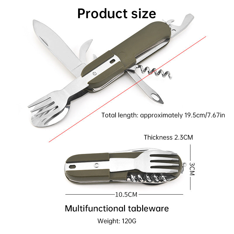 Vajilla plegable multifuncional 7 en 1 de acero inoxidable para acampar al aire libre: tenedor, cuchara y cuchillo. Herramientas de supervivencia para picnic y camping.