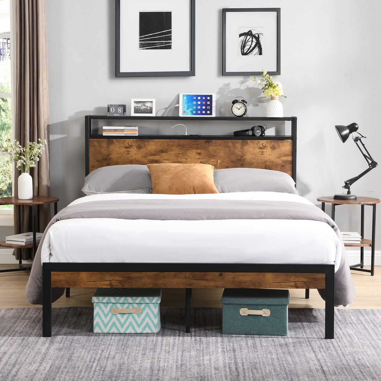 Queen Size Metal Platform Bed Frame with Wooden Headboard and Footboard with USB LINER - V.I.P Digital Presence