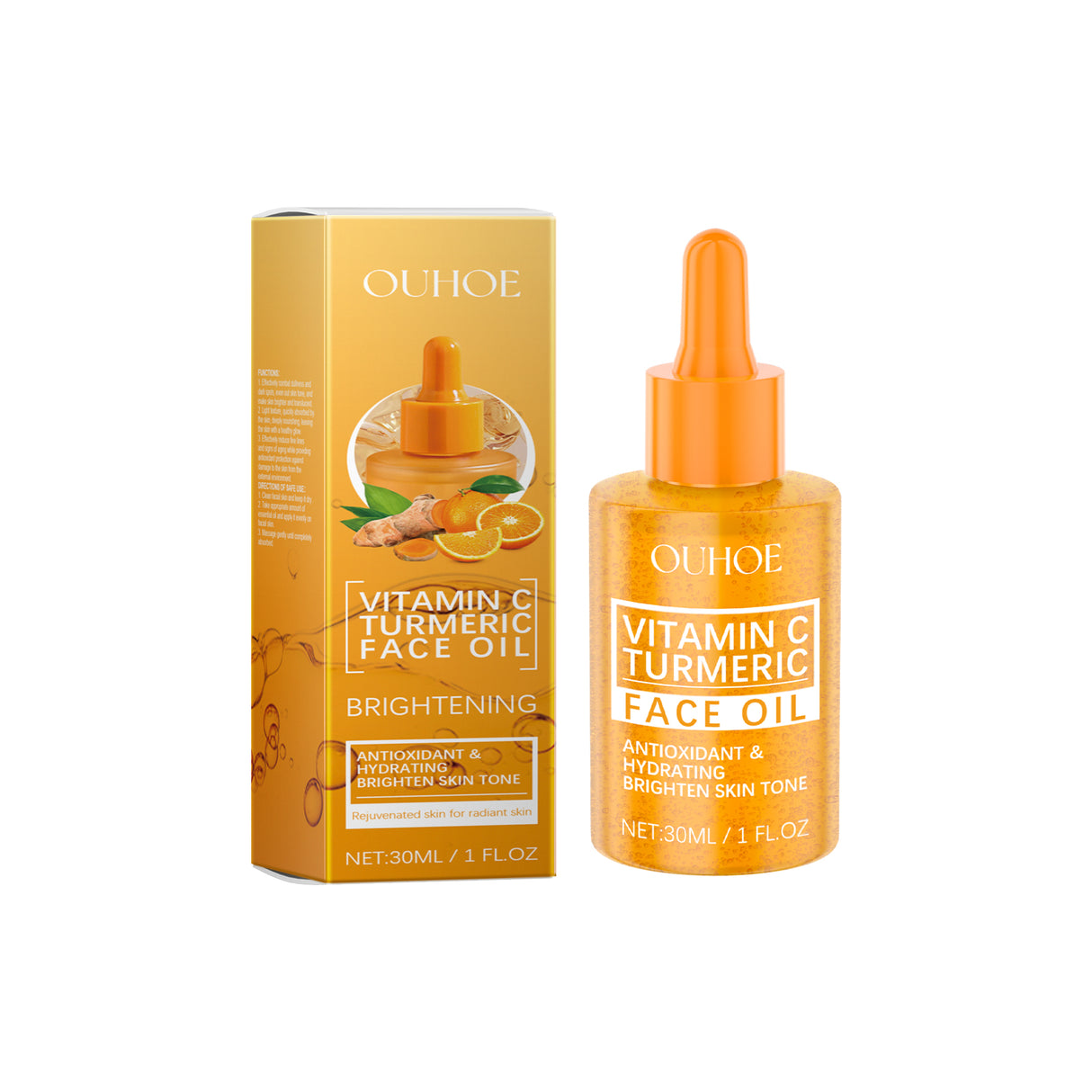 Aceite iluminador de cúrcuma y vitamina C, aceite esencial hidratante facial con vitamina C que hidrata, ilumina y nutre la piel.