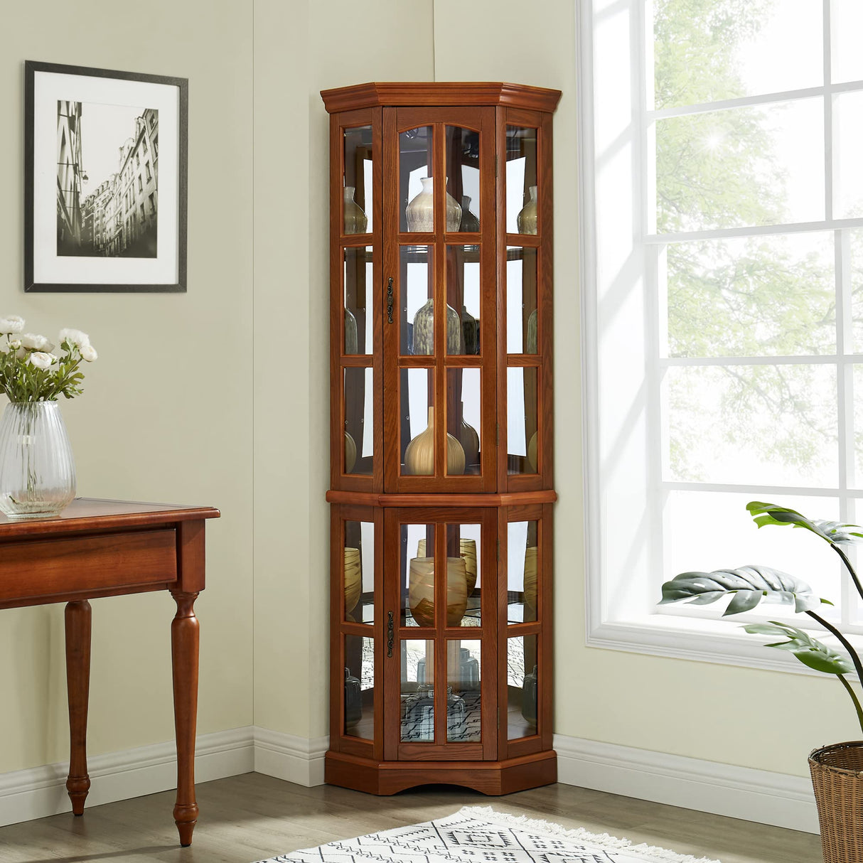 Corner Curio Cabinet with 5 Shelves and Lighting System, Oak(E26 light bulb not included) - V.I.P Digital Presence
