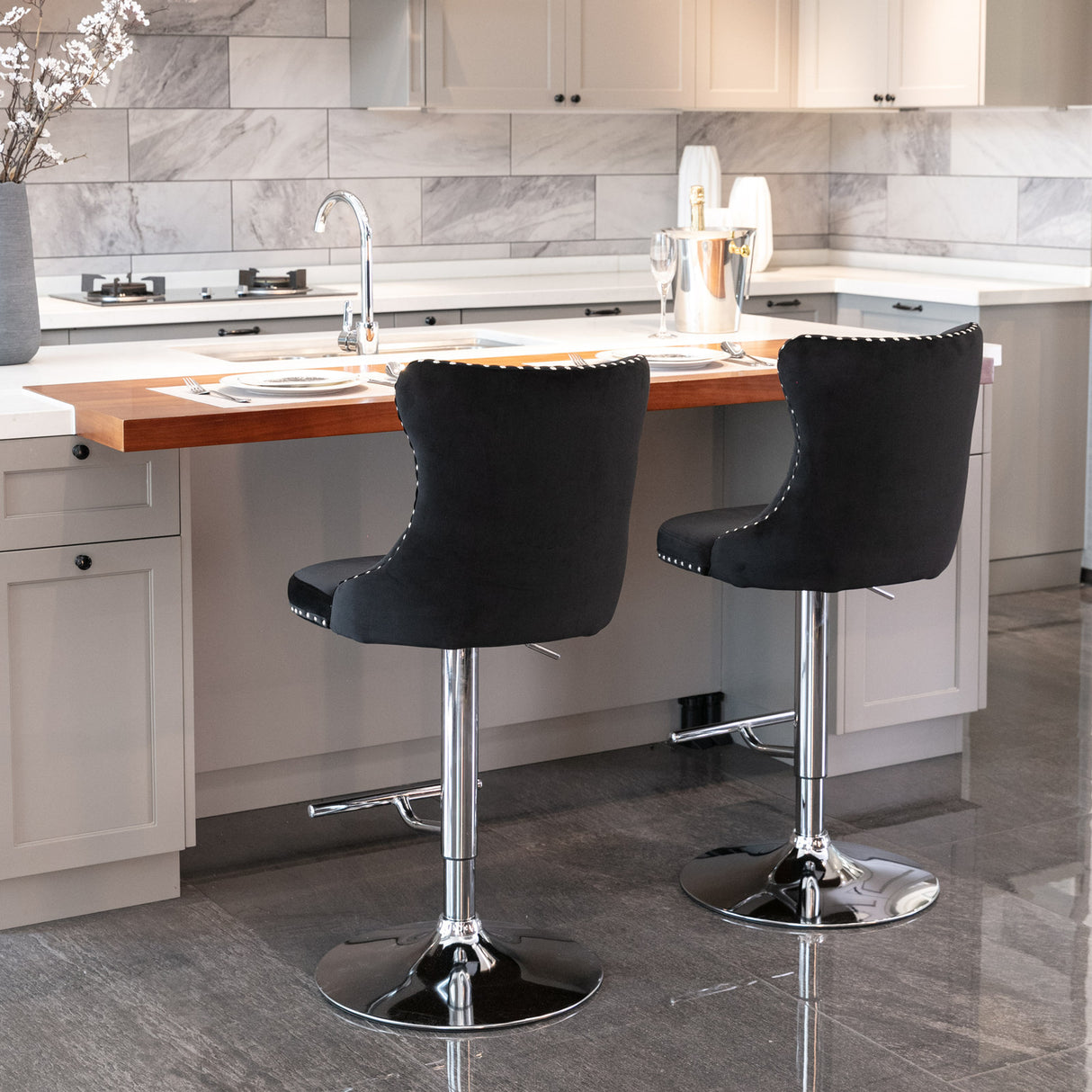 25-33 Inch, Modern Upholstered Chrome base Bar Stools with Back Comfortable Tufted for Home Pub and Kitchen Island(Black,Set of