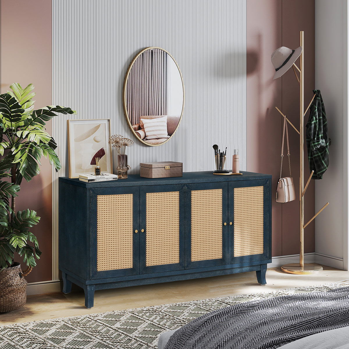 Handcrafted Premium Grain Panels Rattan Sideboard Buffer Cabinet Accent Storage Cabinet With 4 Rattan Doors BLUE - V.I.P Digital Presence