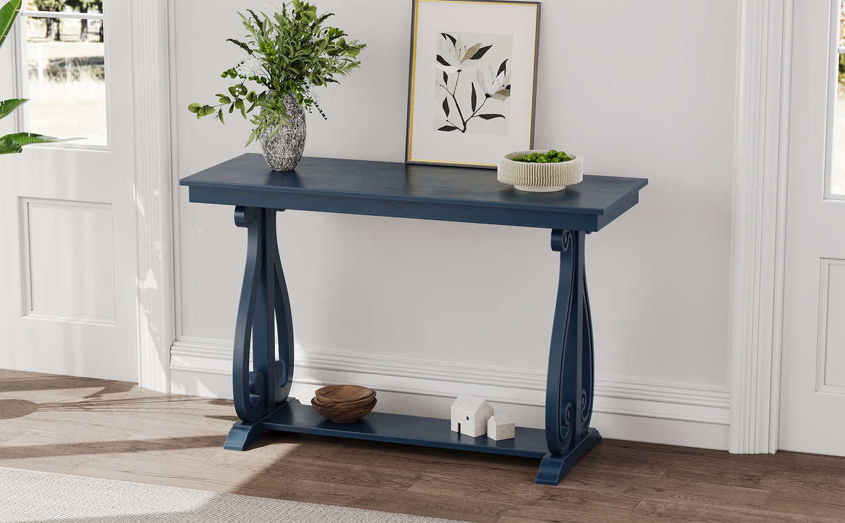 48-Inch Rustic Vintage Console Table --- Farmhouse Style Entryway Table with Open Shelf and Sturdy Construction (Navy) - V.I.P Digital Presence