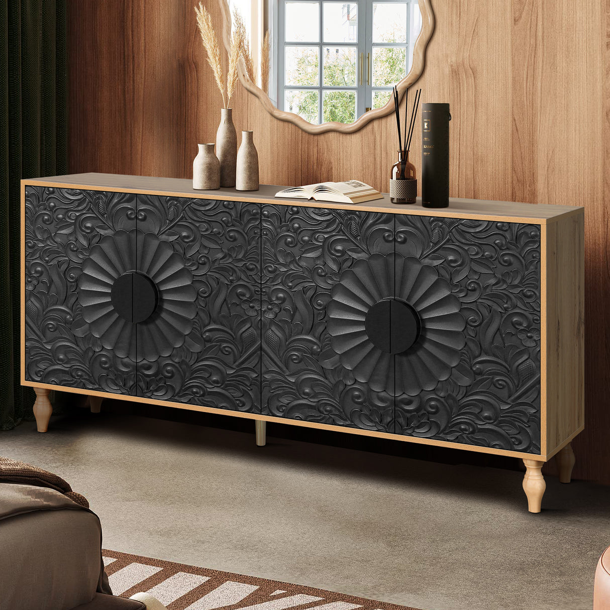 Black Carved Symmetrical Design Door And Wood Coloured Frame For TV Stand Table,Living Room ,Entryway - V.I.P Digital Presence