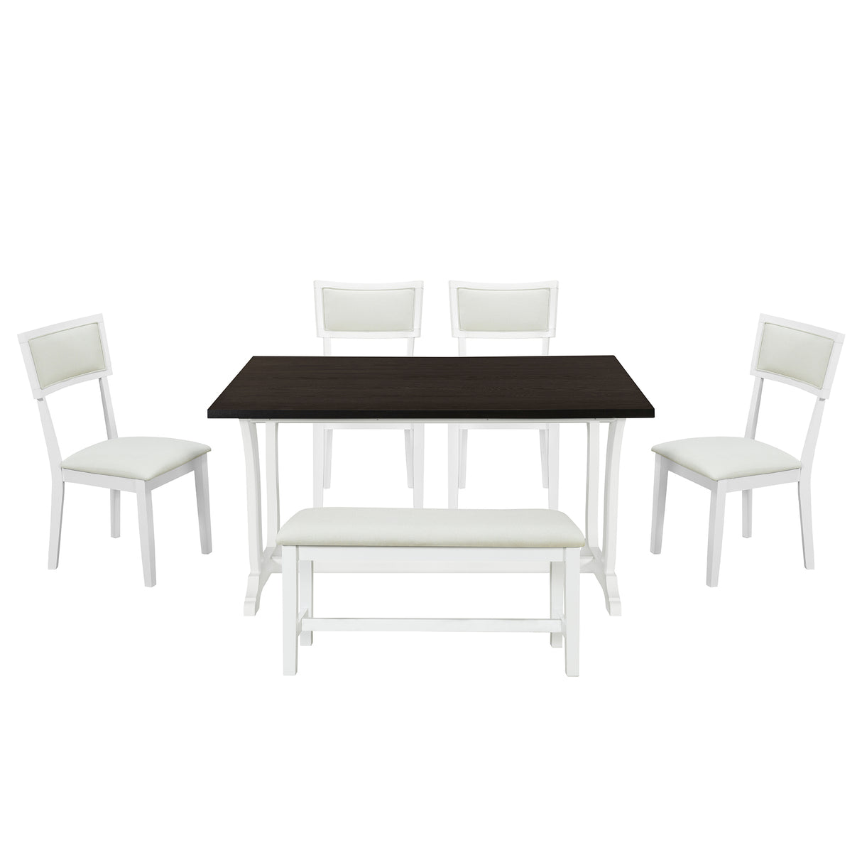 TOPMAX Farmhouse 6-Piece Trestle Dining Table Set with Upholstered Dining Chairs and Bench 59inch, White