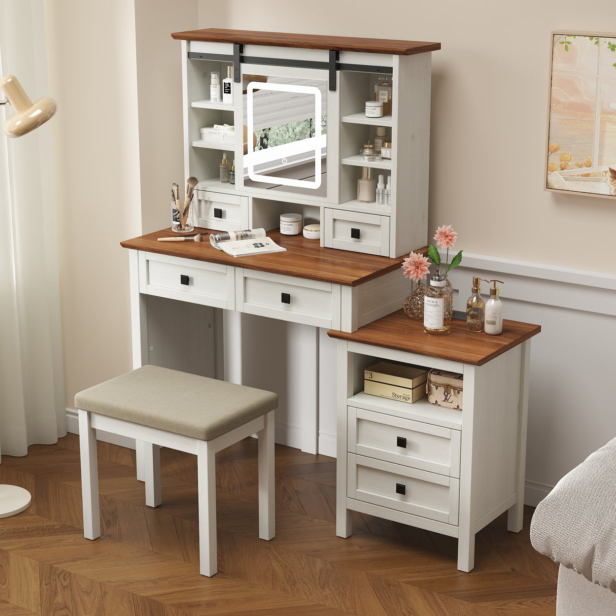 46.5-inch dressing table with adjustable LED lighting mirror and charging station, equipped with soft cushioned stool - V.I.P Digital Presence