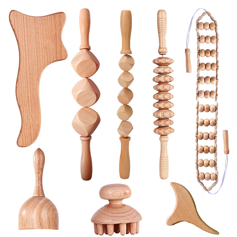 Beech wood therapy scraping cup, meridian dredging roller, tendon rolling stick, scraping board, head massager, massage set - V.I.P Digital Presence