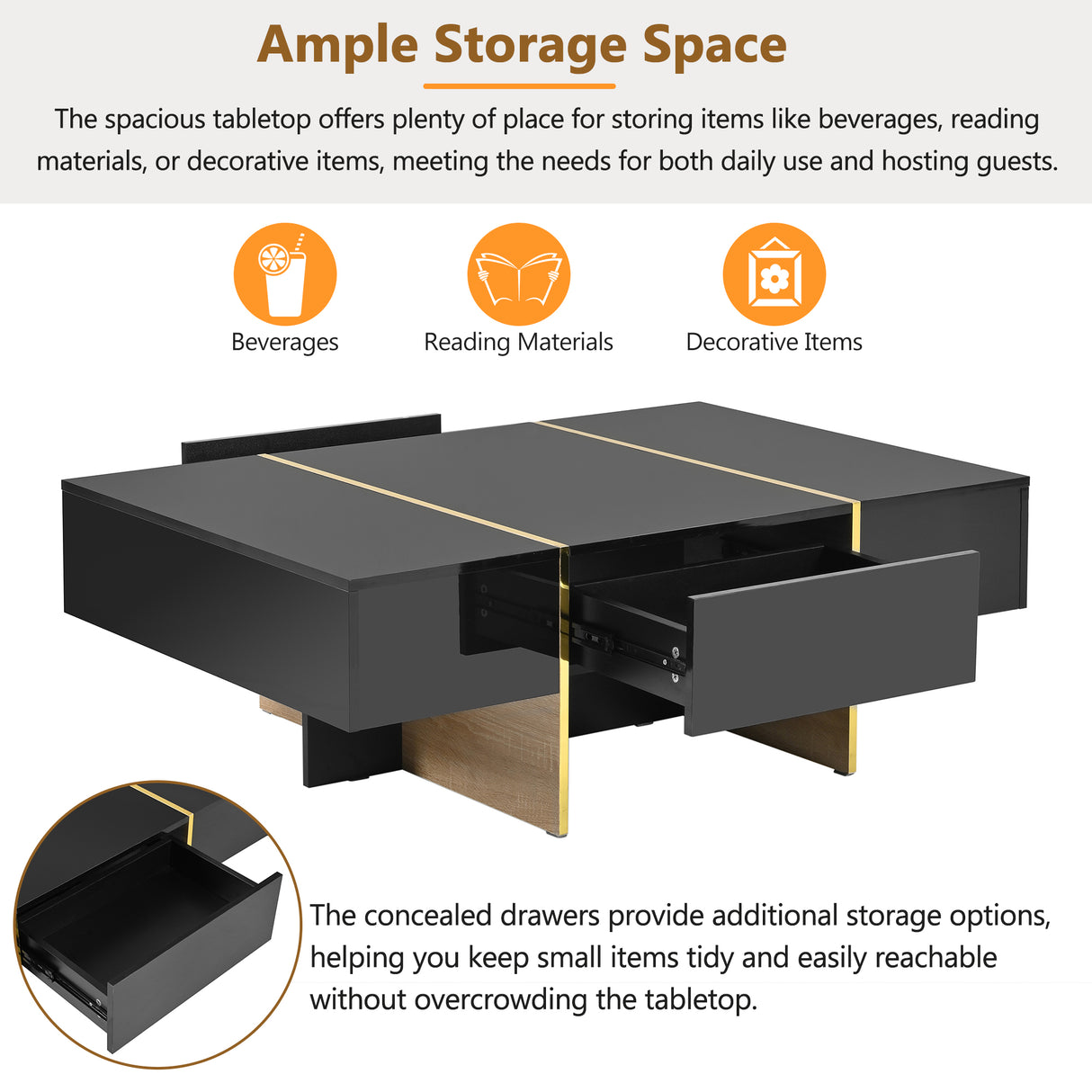 ON-TRANS 47.2 inch x 31.4 inch multifunctional rectangular sofa table with 2 drawers and gold wood grain leg center table, black - V.I.P Digital Presence