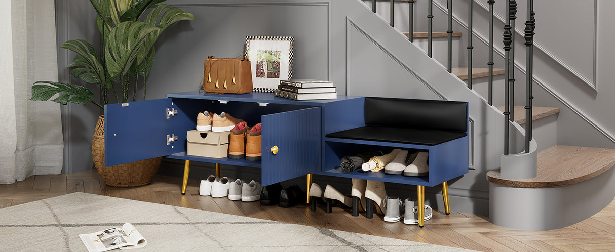 Modern Shoe Storage Bench with Hidden Storage and Upholstered Cushions for Bedside, Living Room and Entryway (Navy) - V.I.P Digital Presence