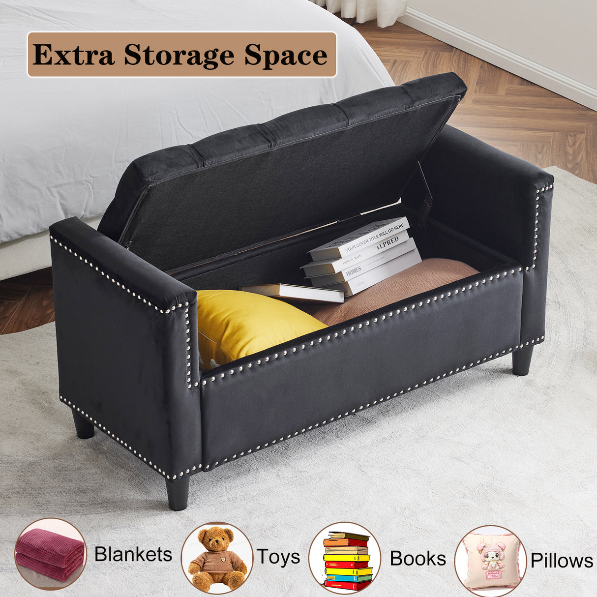 Storage Bench, 44.5-Inch Queen Velvet Button Bedside Bench, Entryway Living Room with Armrests, Nailhead Trim Black - V.I.P Digital Presence