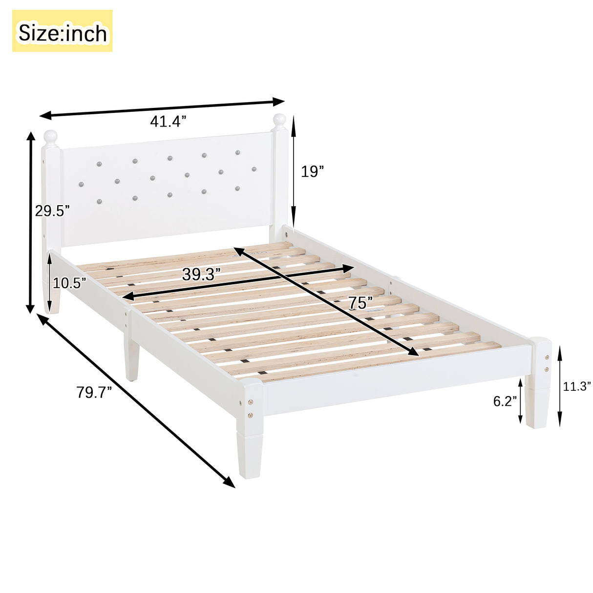 Twin Bed with Button-Decoration Headboard, with Bed Slats,White - V.I.P Digital Presence