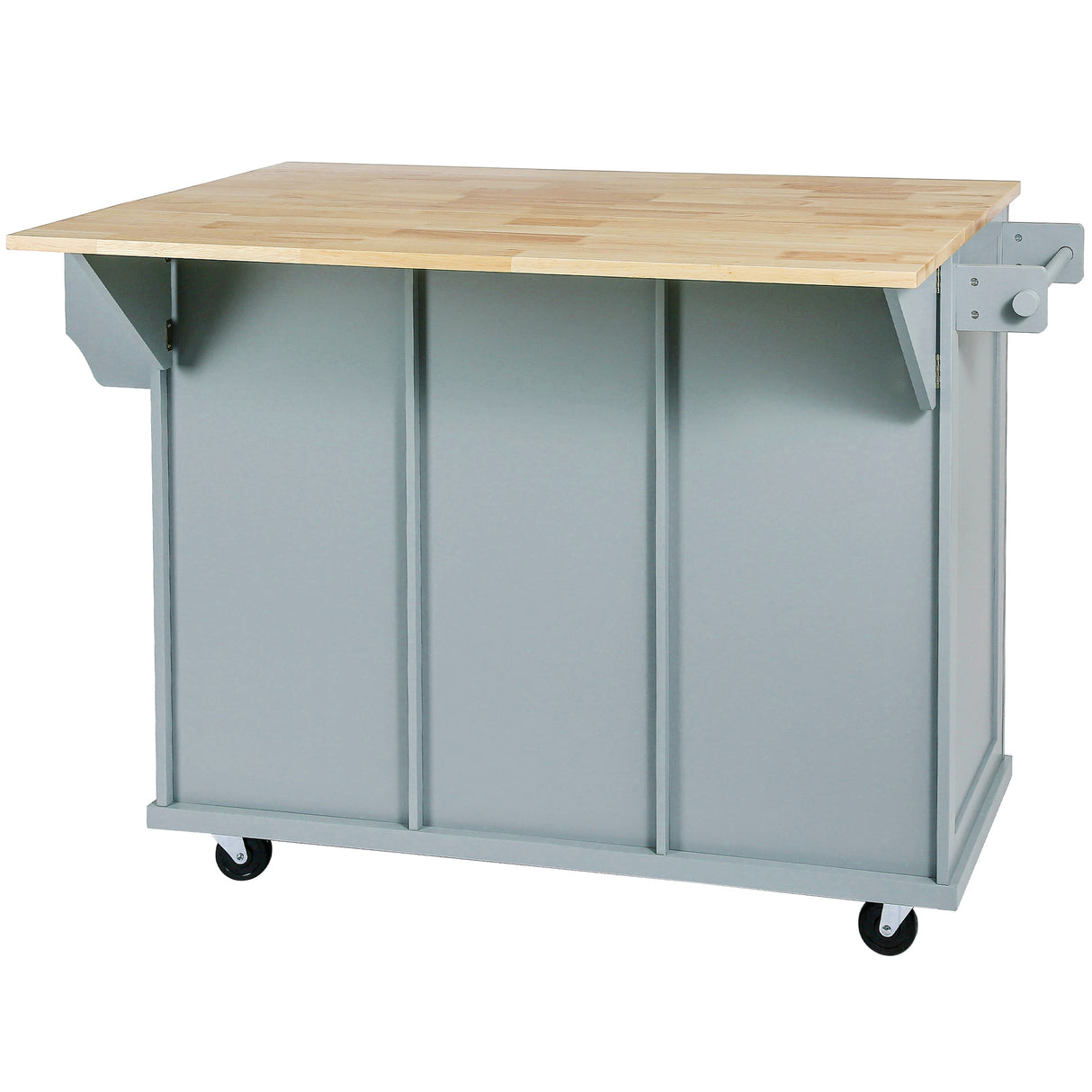 Kitchen handcart with rubber wood leaf countertop, storage cabinet, shelf, and 3 dining room drawers, gray blue - V.I.P Digital Presence