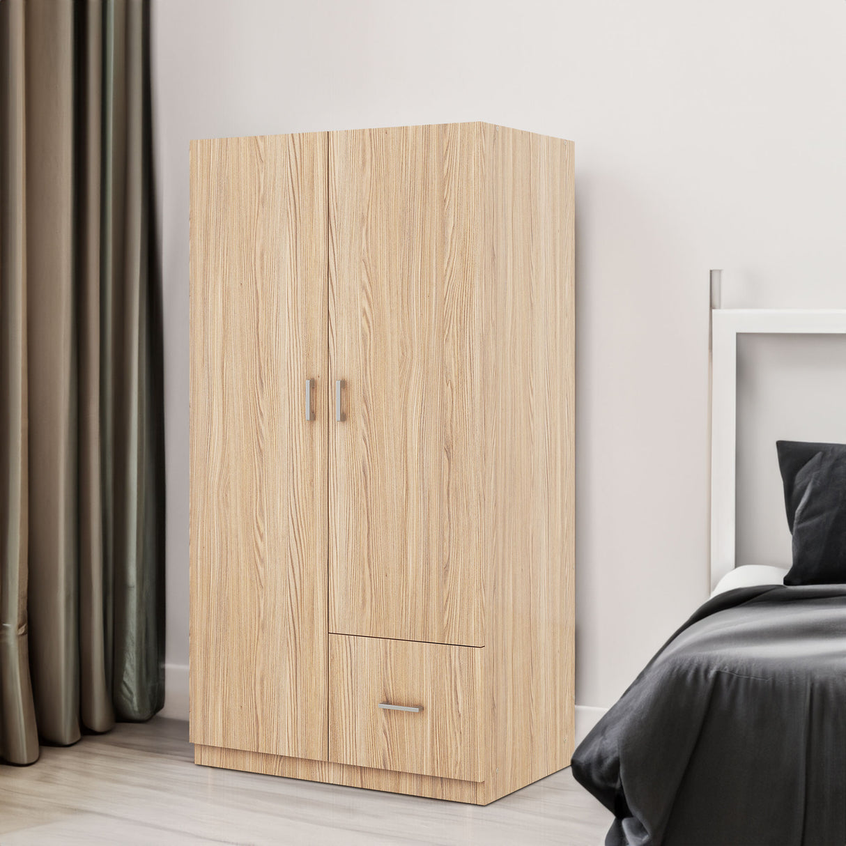 Wooden Wardrobe with Double Doors, Armoire with Hanging Rod, 5 Fixed Shelves, One Storage Drawer,Natural - V.I.P Digital Presence