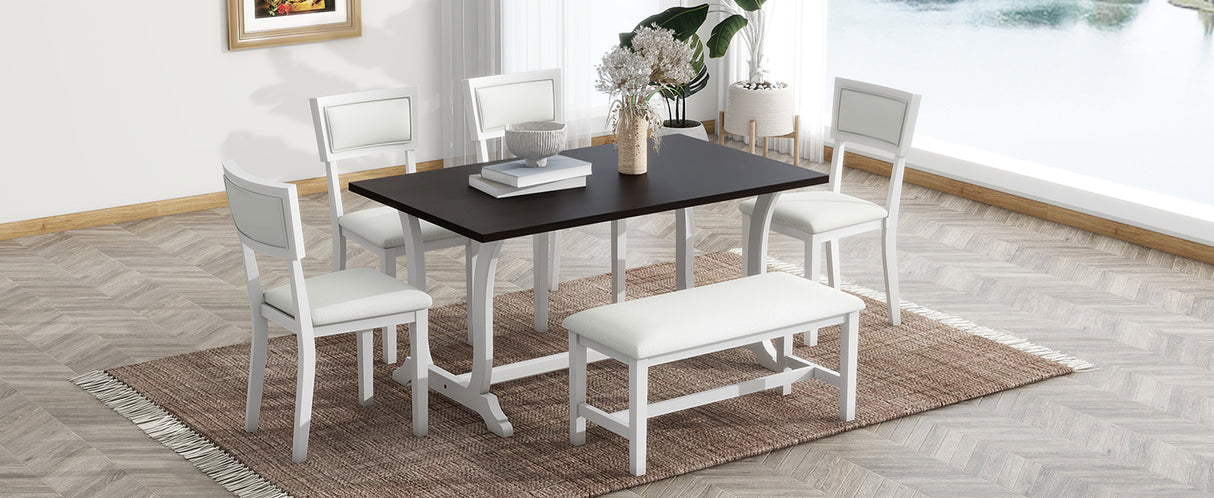 TOPMAX Farmhouse 6-Piece Trestle Dining Table Set with Upholstered Dining Chairs and Bench 59inch, White
