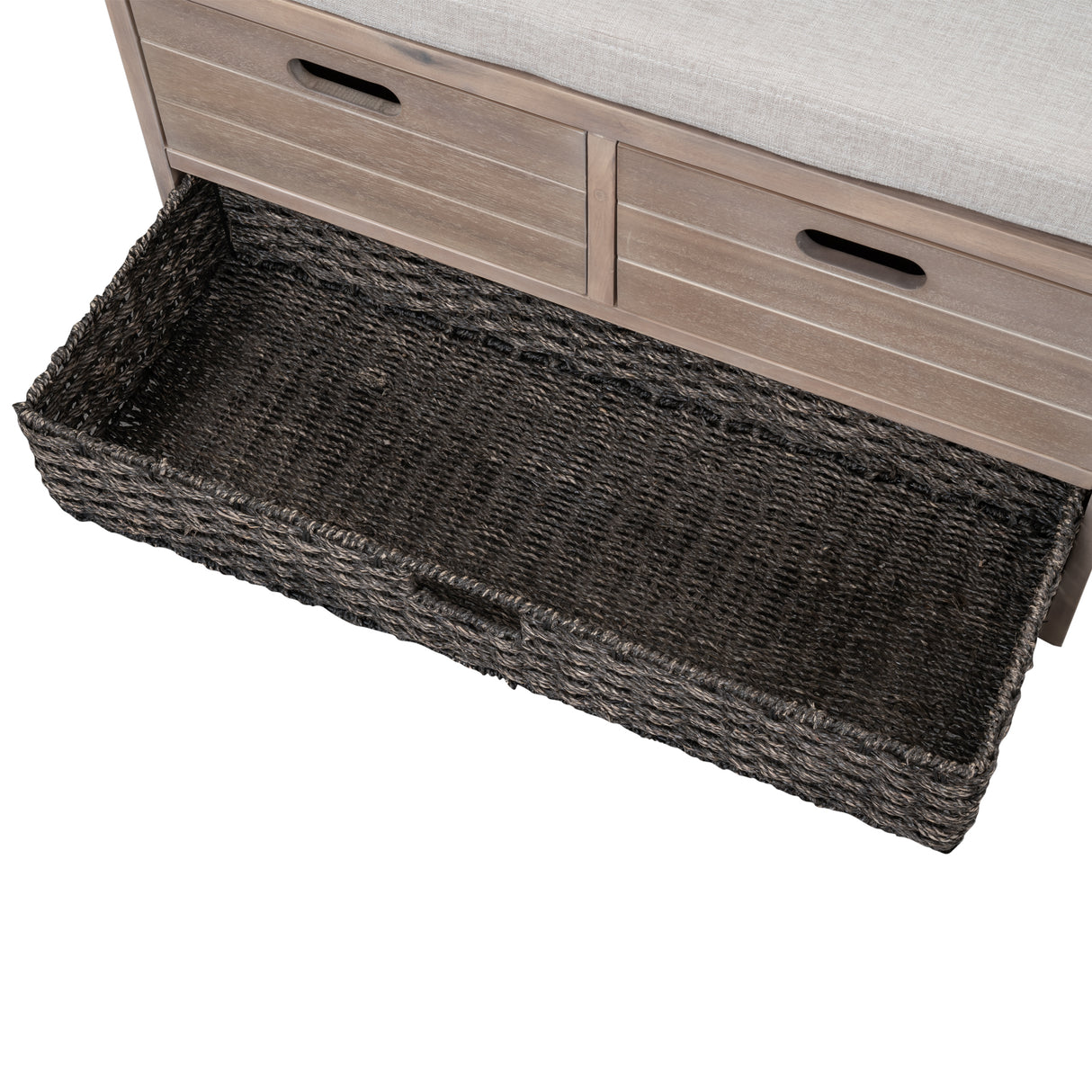 TREXM Storage Bench with Removable Basket and 2 Drawers, Fully Assembled Shoe Bench with Removable Cushion (White Washed) - V.I.P Digital Presence