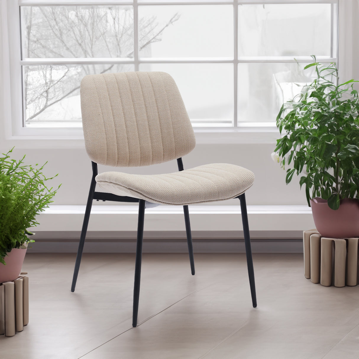 2-piece retro linen chair set with curved wooden backrest, cushioned seat, adjustable metal legs, (Beige Linen) - V.I.P Digital Presence