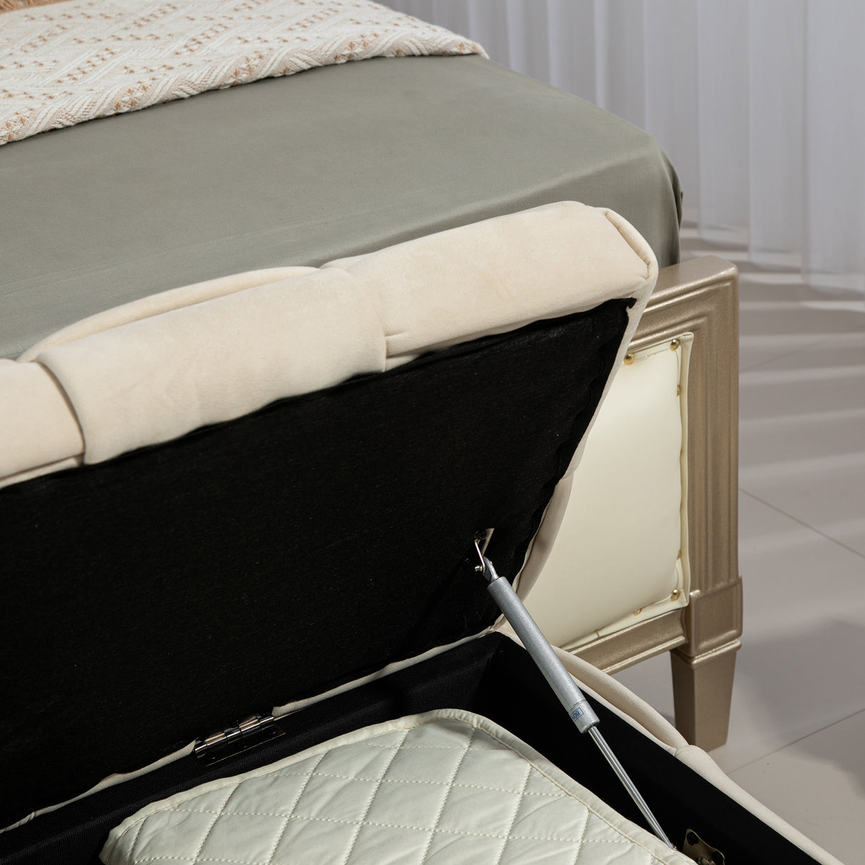 COOLMOR storage Ottoman chair, bedroom end stool, cushioned fabric entrance cushioned footstool with safety hinge (beige) - V.I.P Digital Presence