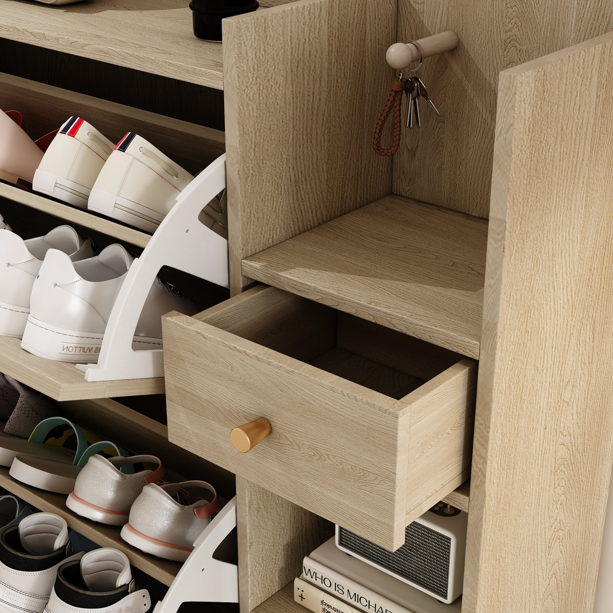 Natural Bohemian style shoe cabinet with 3 rattan flip drawers, 3 square shelves, and 1 storage drawer, Natural - V.I.P Digital Presence